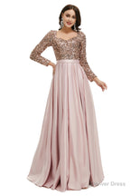 A Line Sequins Sweet Neck Long Sleeve Prom Dresses