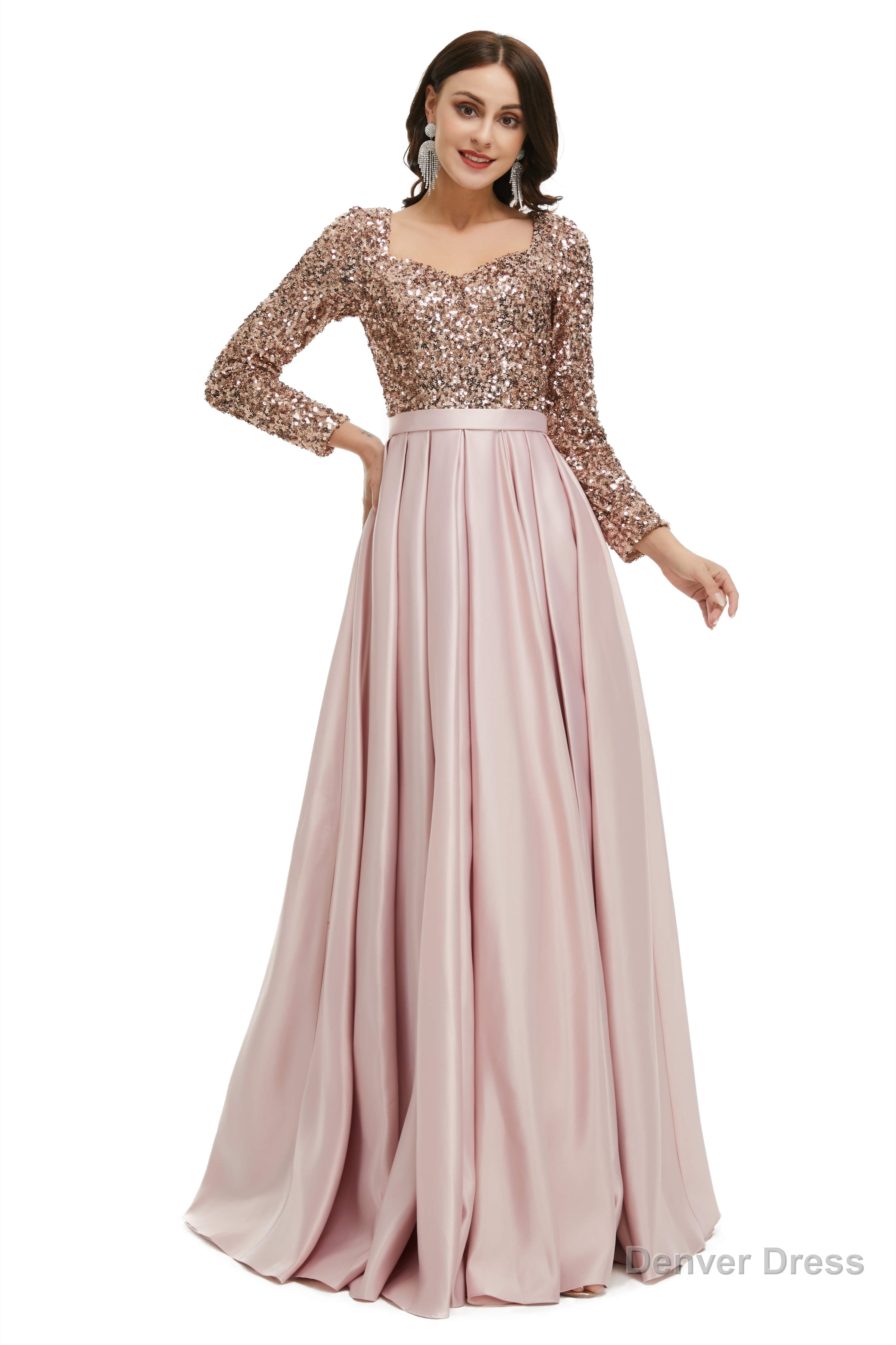 A Line Sequins Sweet Neck Long Sleeve Prom Dresses