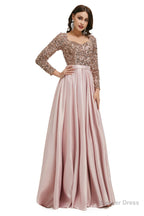 A Line Sequins Sweet Neck Long Sleeve Prom Dresses
