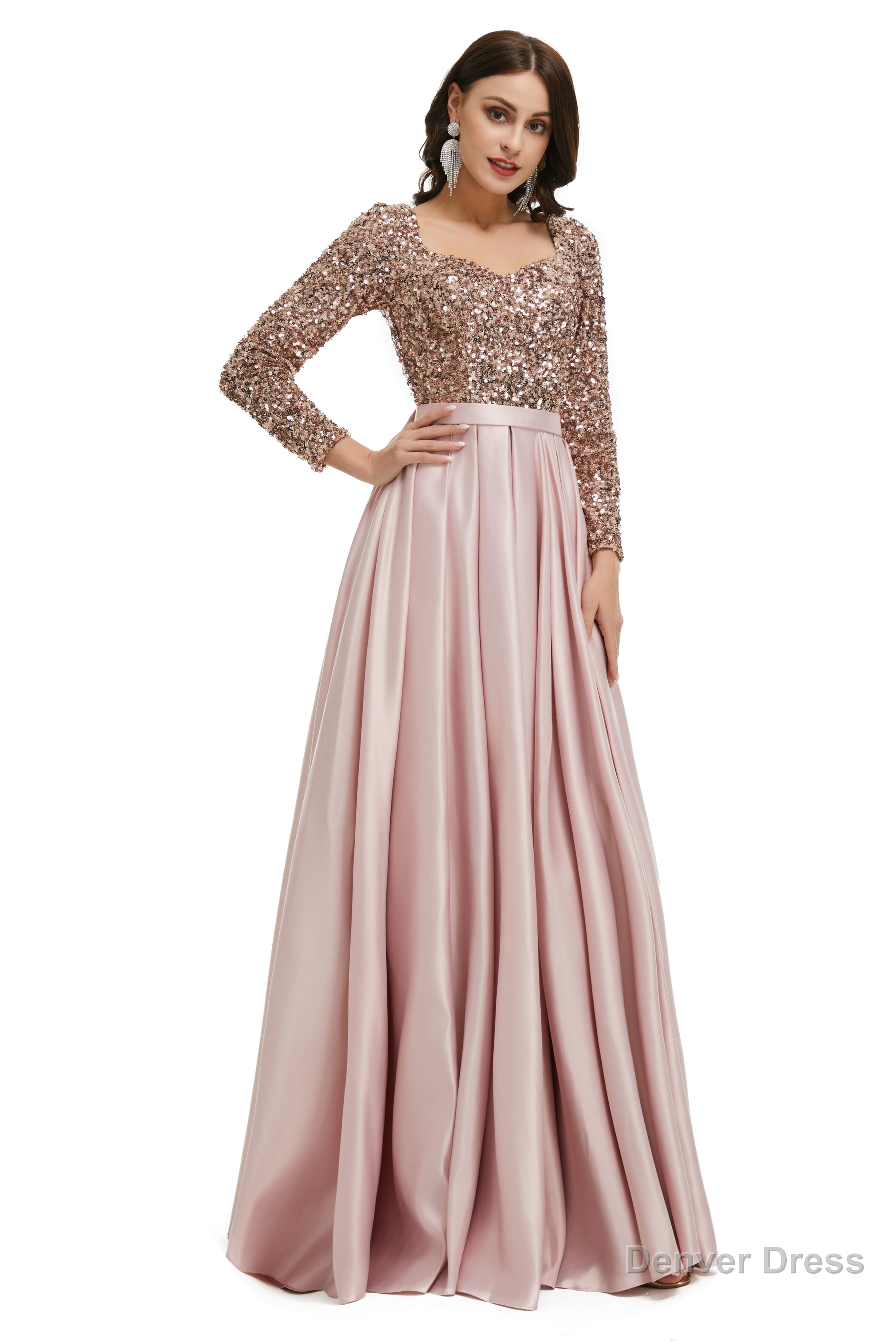 A Line Sequins Sweet Neck Long Sleeve Prom Dresses