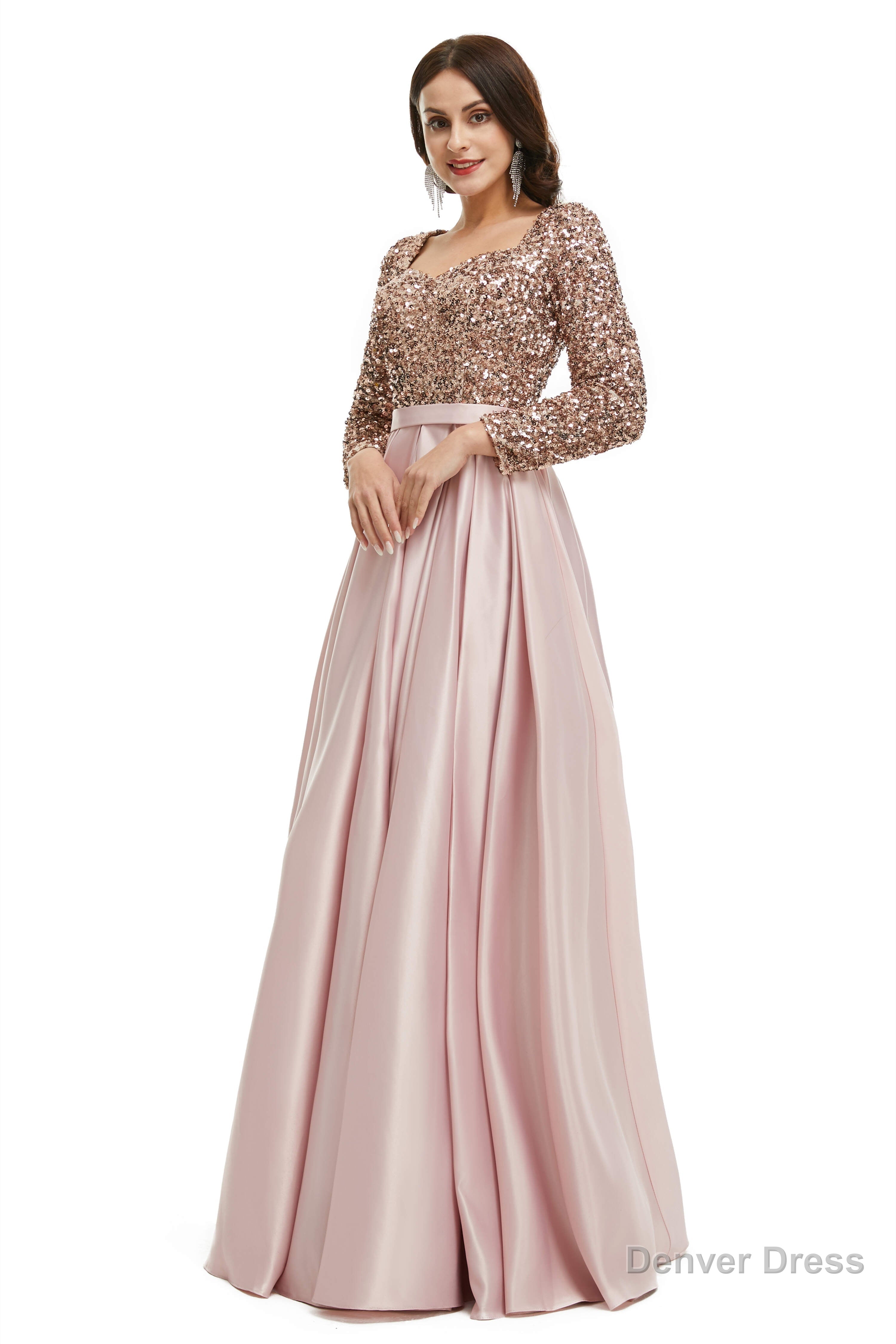 A Line Sequins Sweet Neck Long Sleeve Prom Dresses