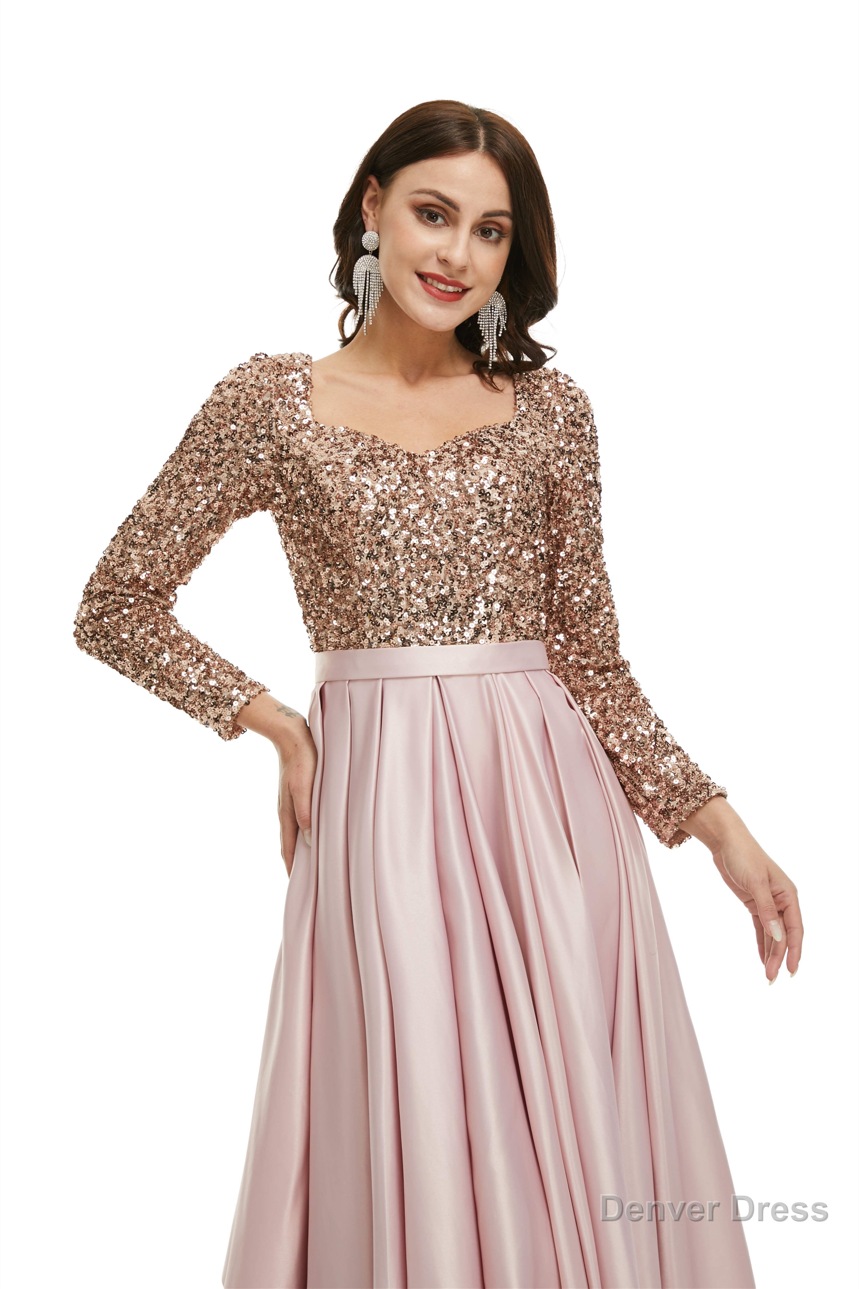 A Line Sequins Sweet Neck Long Sleeve Prom Dresses