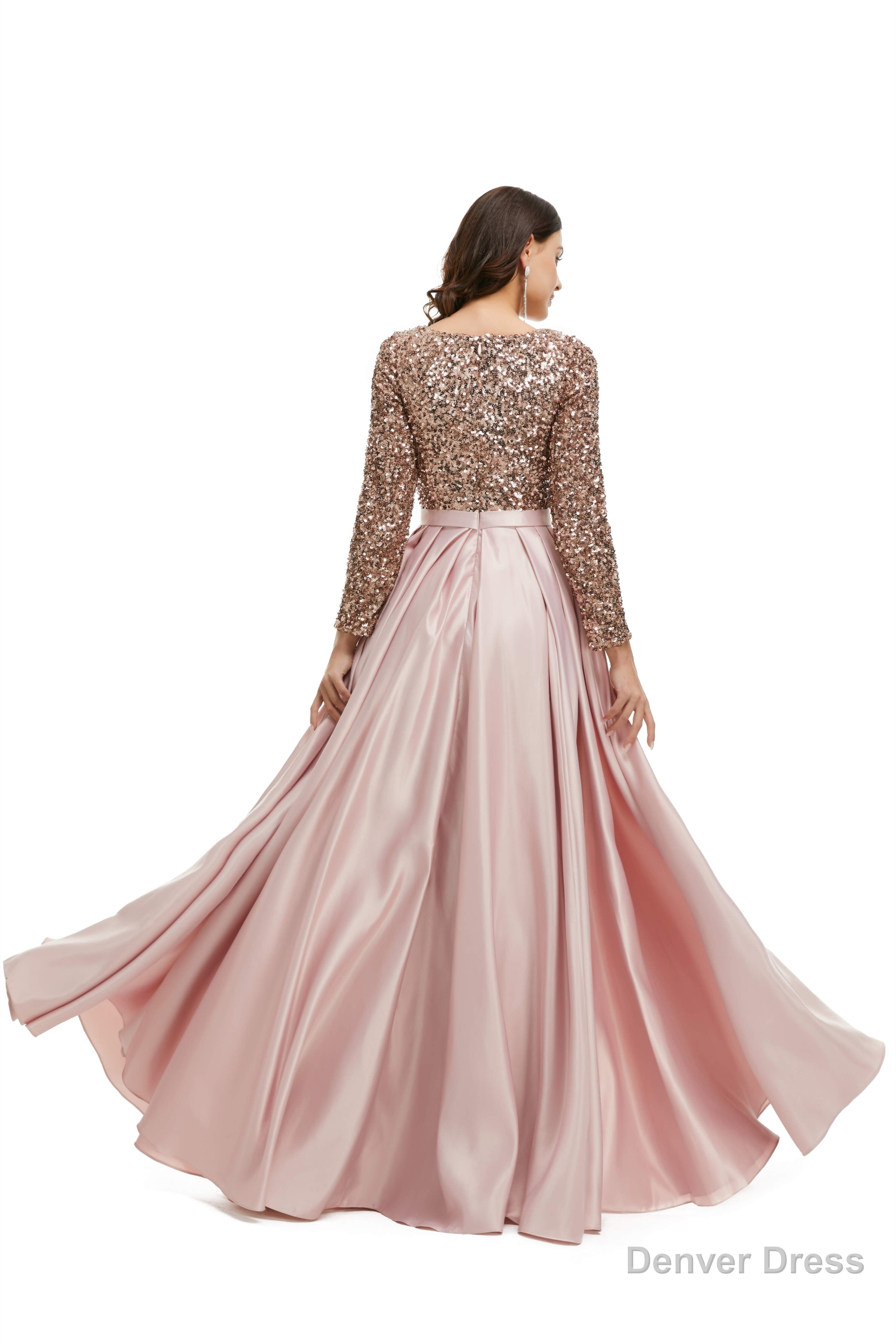 A Line Sequins Sweet Neck Long Sleeve Prom Dresses