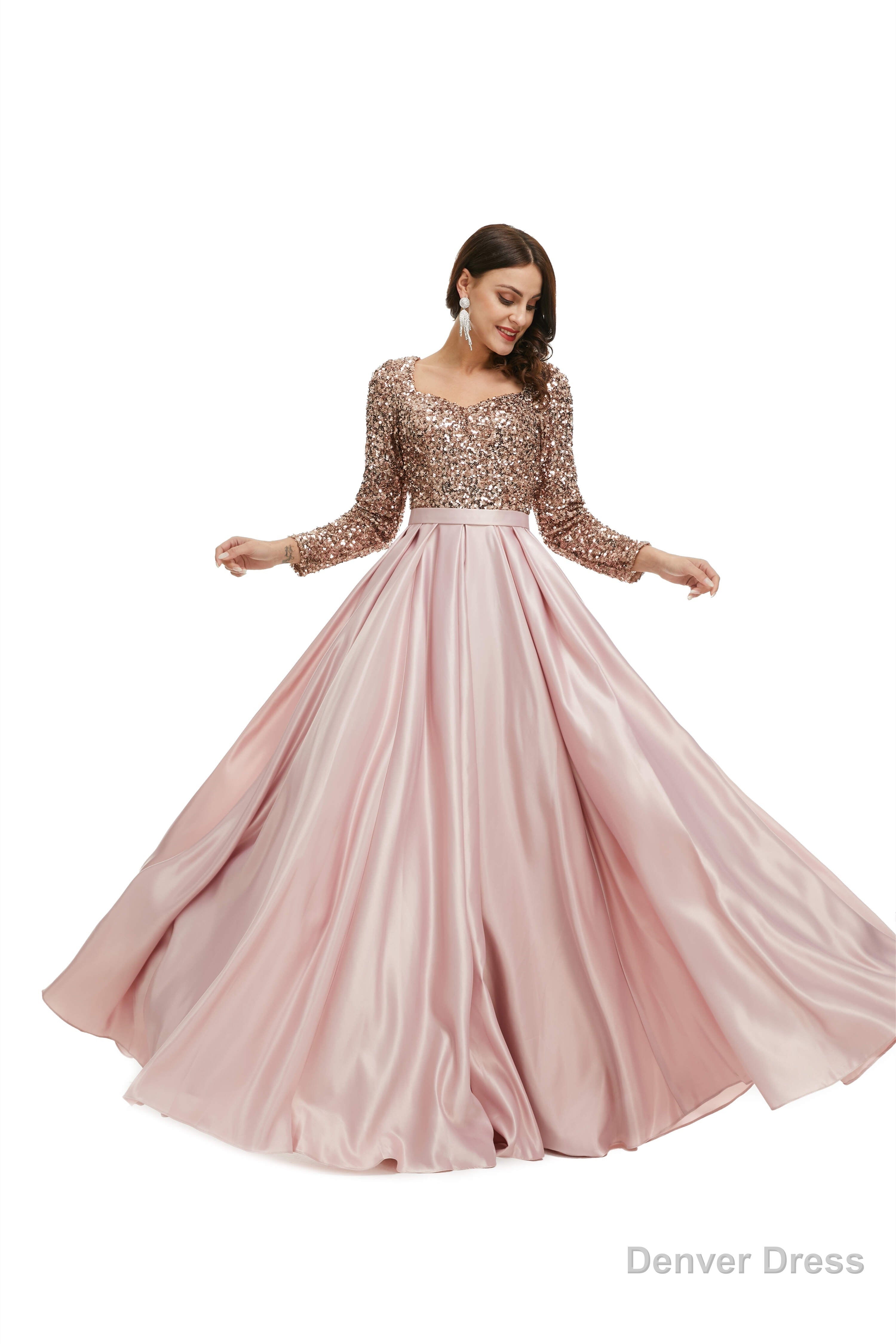 A Line Sequins Sweet Neck Long Sleeve Prom Dresses