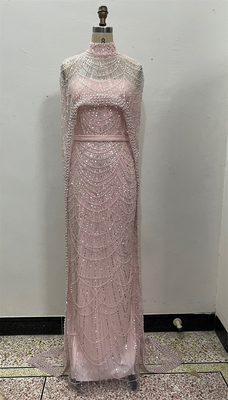 Pearl Pink Beading Prom Dress Sweep Train High Neck Zipper Sleeveless Prom Dresses Main image