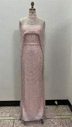 Pearl Pink Beading Prom Dress Sweep Train High Neck Zipper Sleeveless Prom Dresses