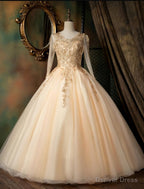Pearl Pink Long Sleeves Prom Dresses with Lace Applique, Pink Prom Gowns
