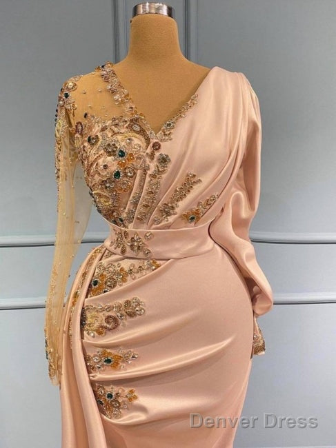 Pearl Pink Long Sleeves Ruched Beading Trumpet Mermaid Prom Dress
