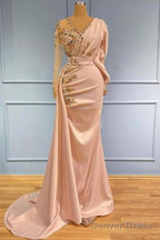 Pearl Pink Long Sleeves Ruched Beading Trumpet Mermaid Prom Dress