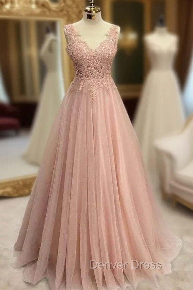 Pearl Pink Prom Dresses, A-line V Neck Sleeveless Long/Floor-Length Tulle Glitter Prom Dresses With Appliqued Beading Main image