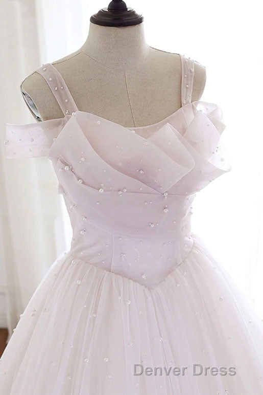 Pearl Pink Straps A Line Tulle Long Prom Dresses with Pearls, Long Prom Gowns