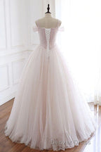 Pearl Pink Straps A Line Tulle Long Prom Dresses with Pearls, Long Prom Gowns