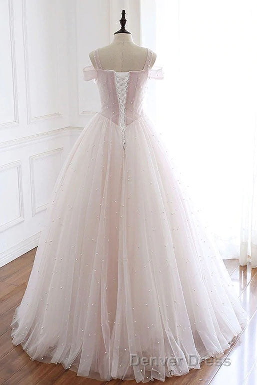 Pearl Pink Straps A Line Tulle Long Prom Dresses with Pearls, Long Prom Gowns
