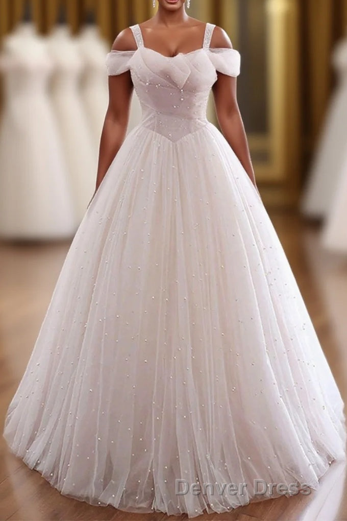 Pearl Pink Straps A Line Tulle Long Prom Dresses with Pearls, Long Prom Gowns Main image