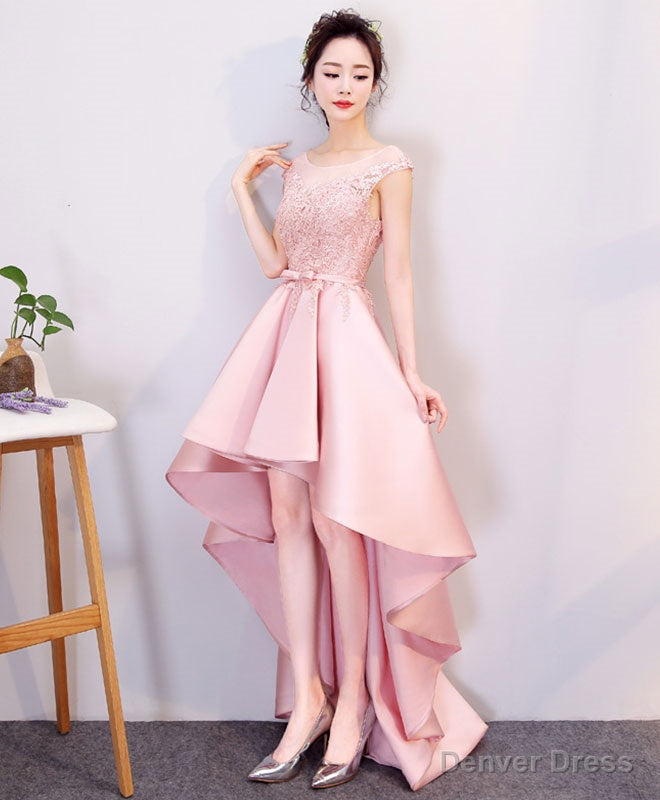 Pink High Low Lace Prom Dress, Pink Prom Bridesmaid Dresses