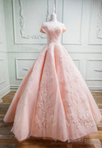Pink Lace Long A Line Prom Dress, Off the Shoulder Prom Dresses