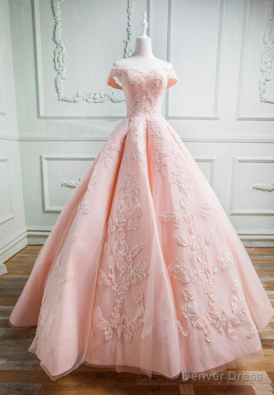 Pink Lace Long A Line Prom Dress, Off the Shoulder Prom Dresses