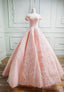 Pink Lace Long A Line Prom Dress, Off the Shoulder Prom Dresses