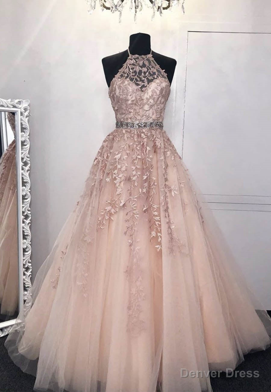 Pink Lace Long Prom Dress, A Line Prom Graduation Dresses