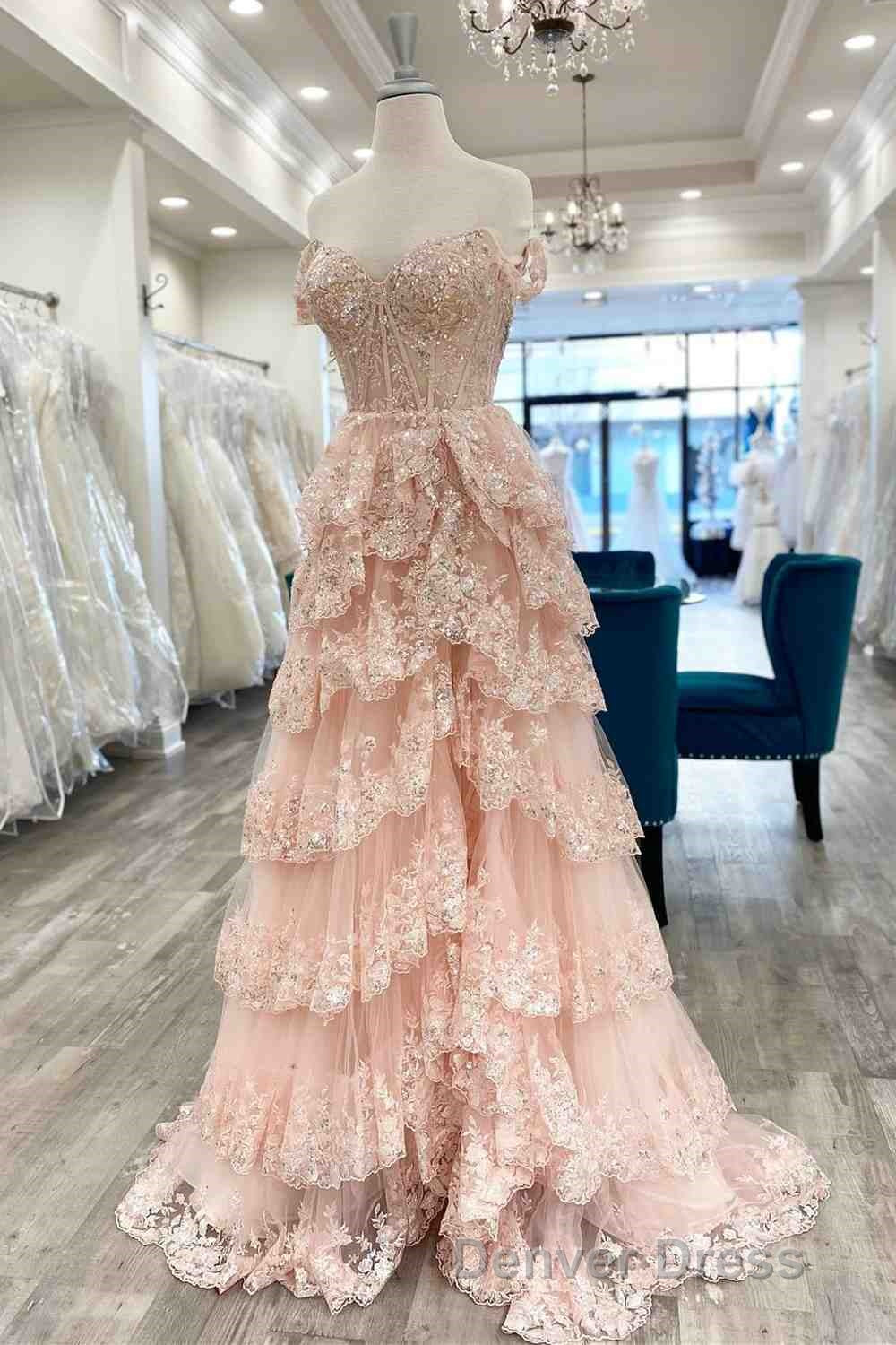 Light Blue Corset Lace Tiered Tulle Long Prom Dresses