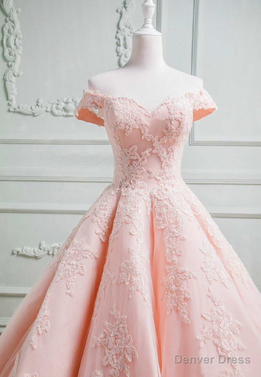 Pink Lace Long A Line Prom Dress, Off the Shoulder Prom Dresses Secondary image