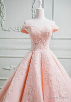 Pink Lace Long A Line Prom Dress, Off the Shoulder Prom Dresses