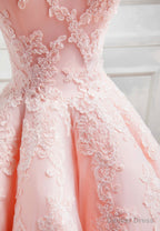 Pink Lace Long A Line Prom Dress, Off the Shoulder Prom Dresses