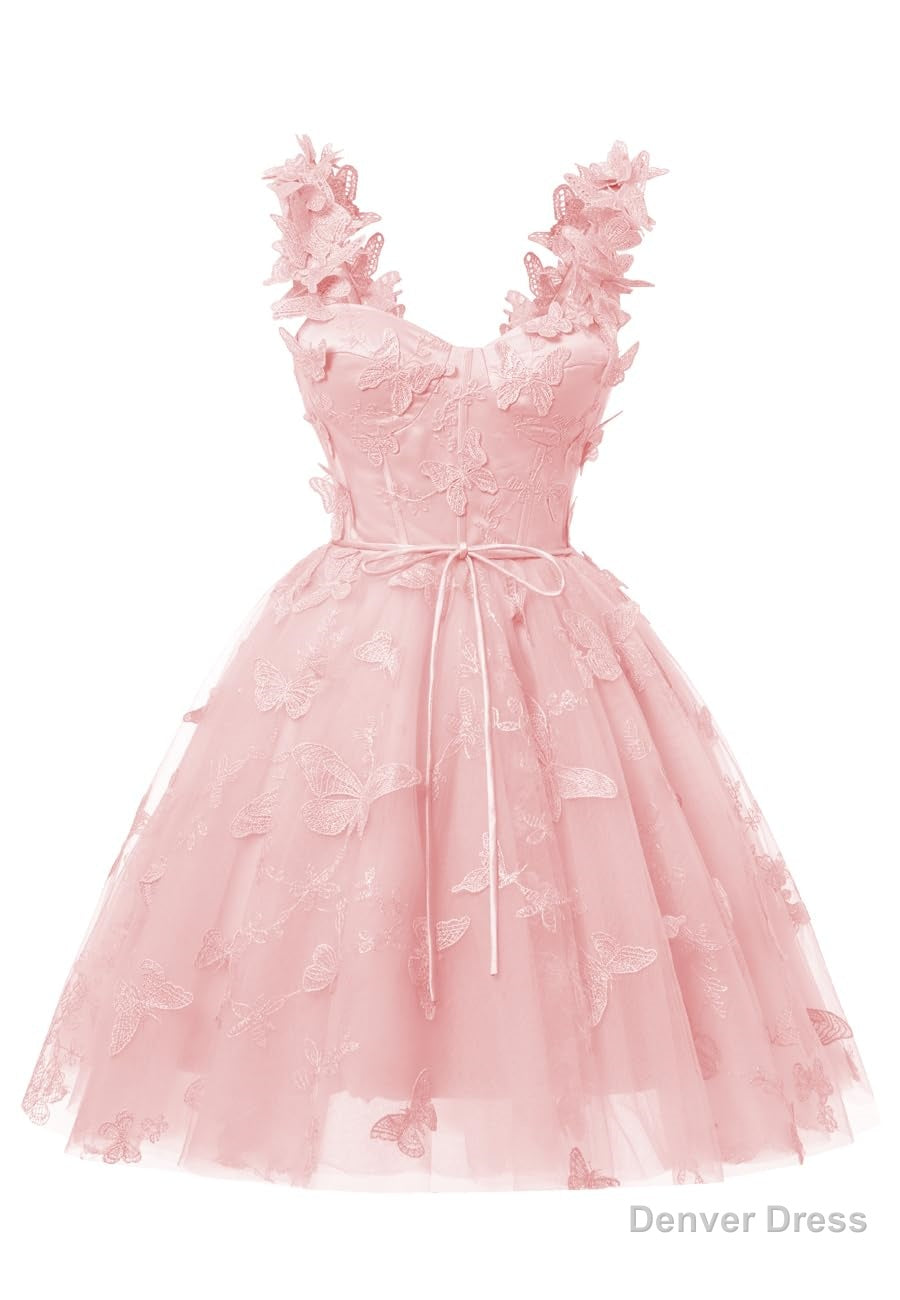 Pink 3D Butterfly Lace Applique Tulle Homecoming Dress for Teens Sweetheart Mini Short Prom Dresses Main image