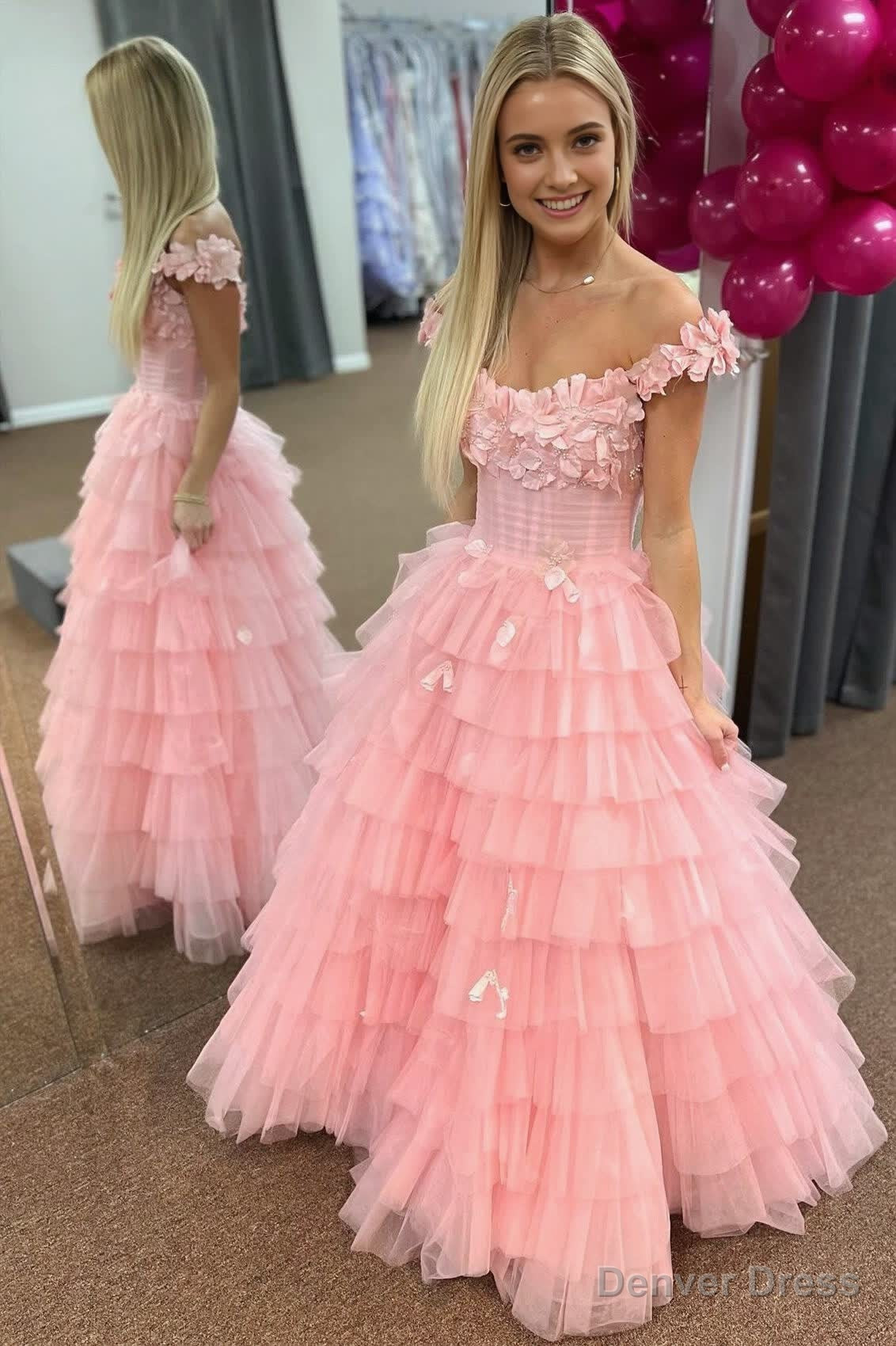 Pink 3D Floral Lace Off-the-Shoulder Ruffle Tiered Prom Gown Main image