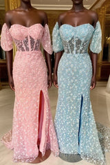 Pink 3D Floral Lace Sweetheart Mermaid Long Prom Dresses with Slit