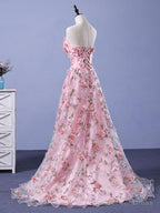 Pink 3D Flower Long Prom Dress, 3D Floral Pink Long Prom Dresses