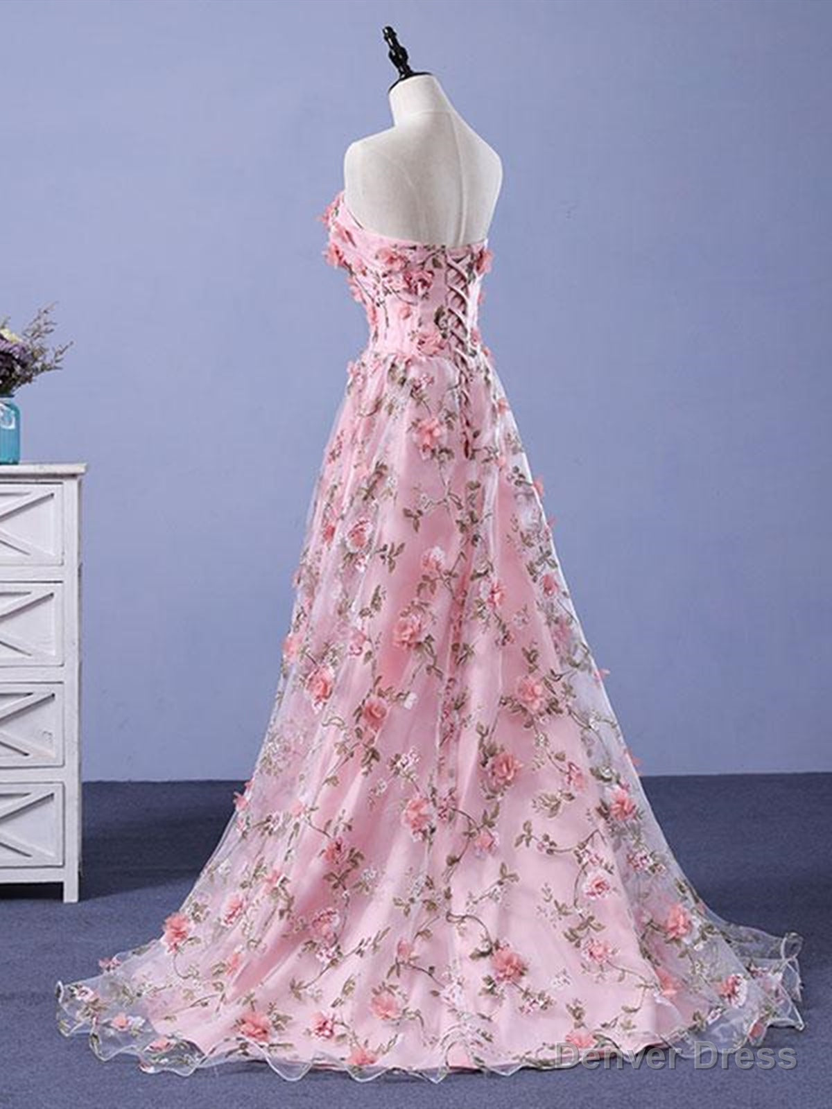 Pink 3D Flower Long Prom Dress, 3D Floral Pink Long Prom Dresses