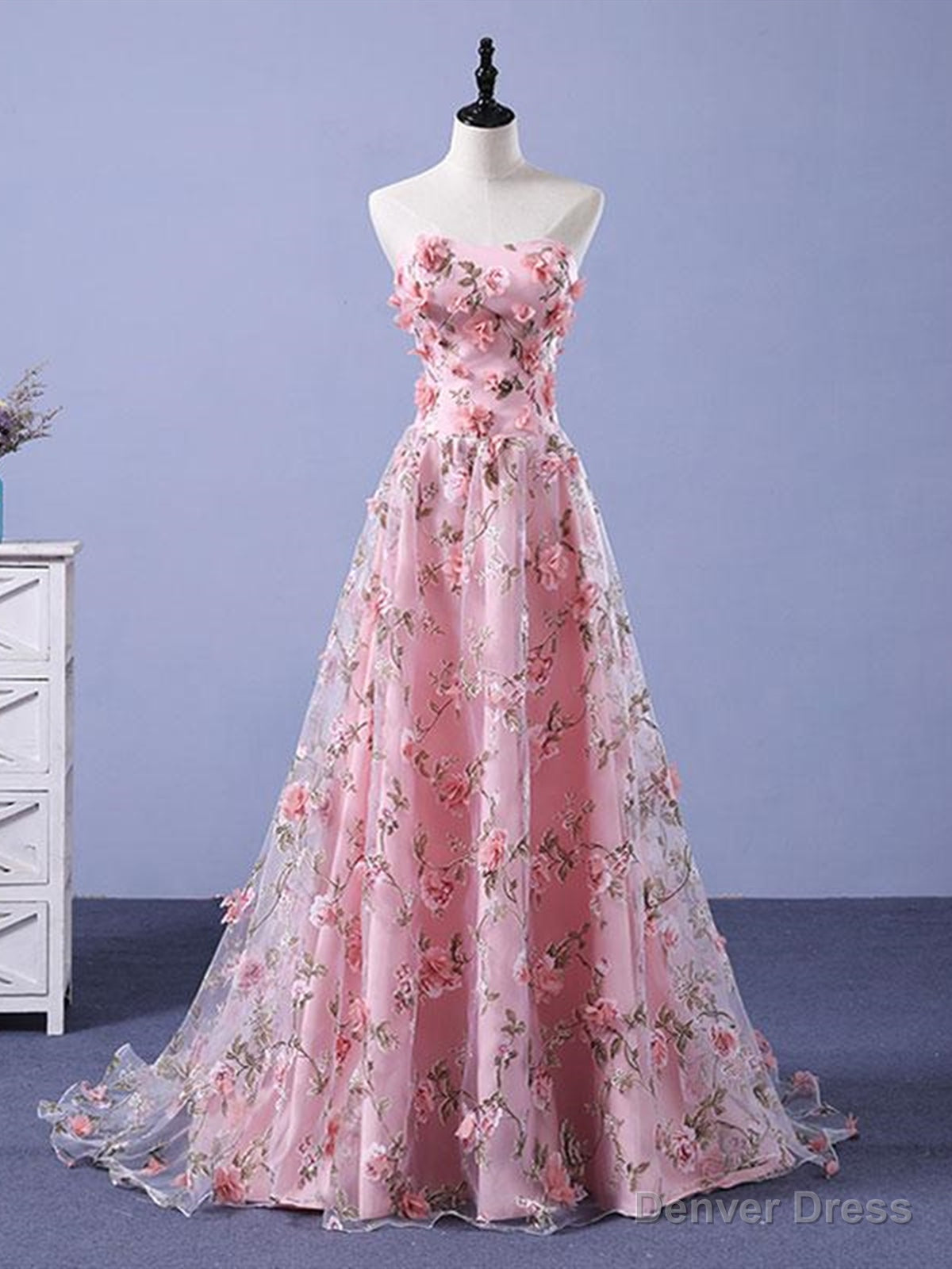 Pink 3D Flower Long Prom Dress, 3D Floral Pink Long Prom Dresses