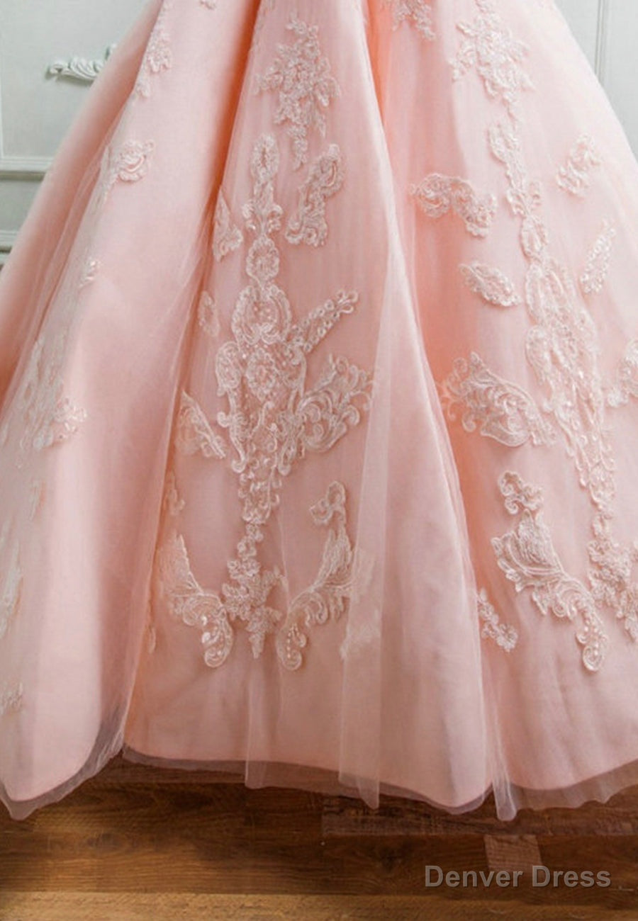 Pink Lace Long A Line Prom Dress, Off the Shoulder Prom Dresses