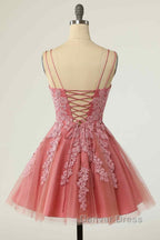 Pink A-line Double Straps V Neck Lace-Up Applique Mini Homecoming Dresses
