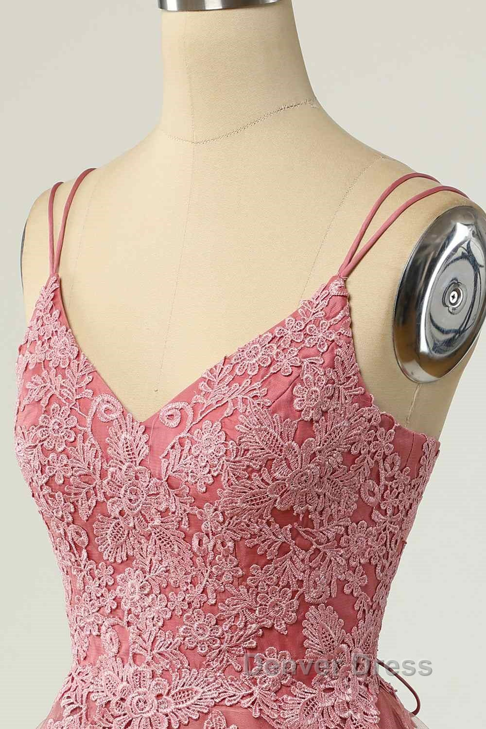 Pink A-line Double Straps V Neck Lace-Up Applique Mini Homecoming Dresses