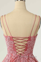 Pink A Line Double Straps V Neck Lace Up Applique Mini Homecoming Dresses