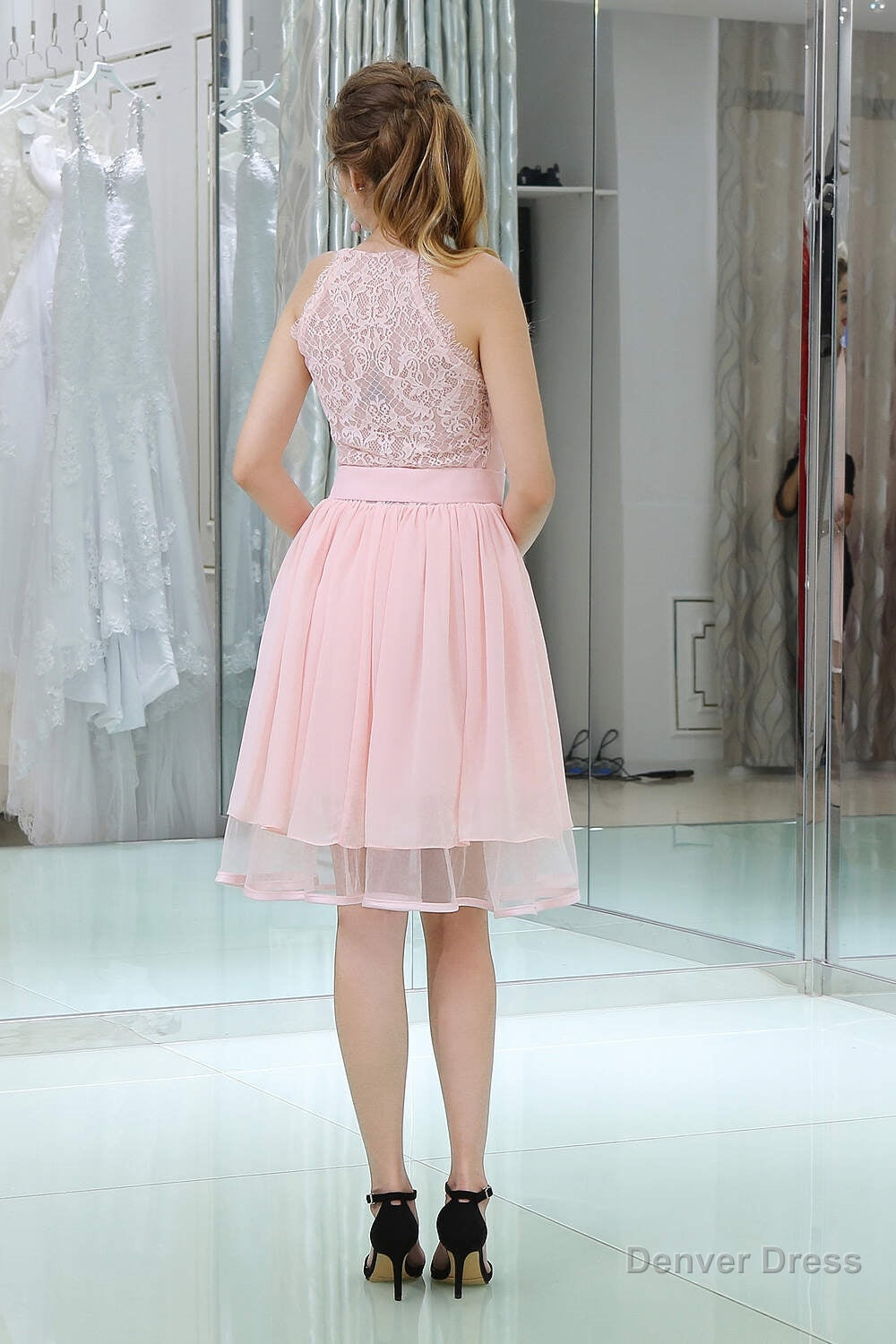 Pink A Line Mini Lace Bridesmaid Dresses