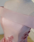 Pink A Line Off Shoulder Knee Length Prom Dress, Lace Homecoming Dresses