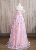 Pink A Line Off Shoulder Lace Floor Length Prom Dress, Pink Lace Prom Dresses
