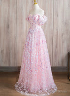 Pink A Line Off Shoulder Lace Floor Length Prom Dress, Pink Lace Prom Dresses