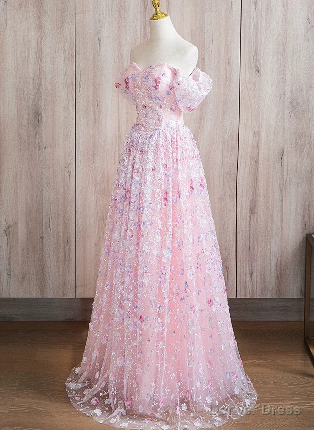 Pink A Line Off Shoulder Lace Floor Length Prom Dress, Pink Lace Prom Dresses