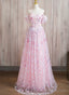 Pink A Line Off Shoulder Lace Floor Length Prom Dress, Pink Lace Prom Dresses