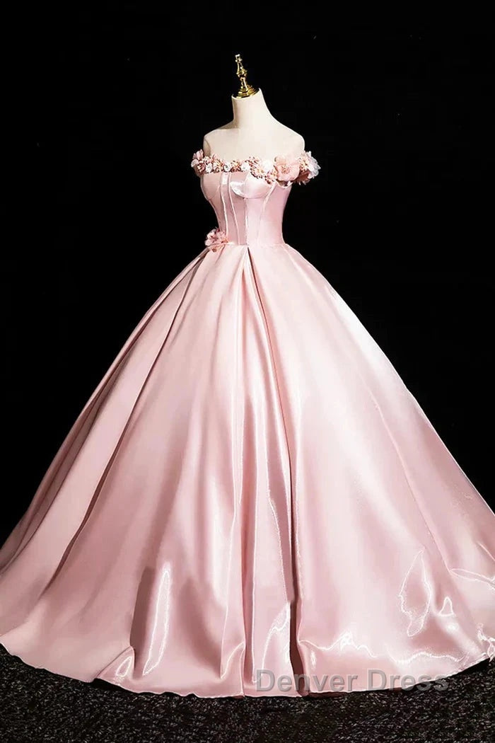 Pink A-Line Off Shoulder Satin Long Prom Dresses, Beautiful A-Line Off The Shoulder Party Dresses