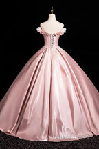 Pink A-Line Off Shoulder Satin Long Prom Dresses, Beautiful A-Line Off The Shoulder Party Dresses