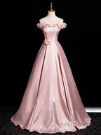 Pink A-Line Off Shoulder Satin Long Prom Dresses, Beautiful A-Line Off The Shoulder Party Dresses
