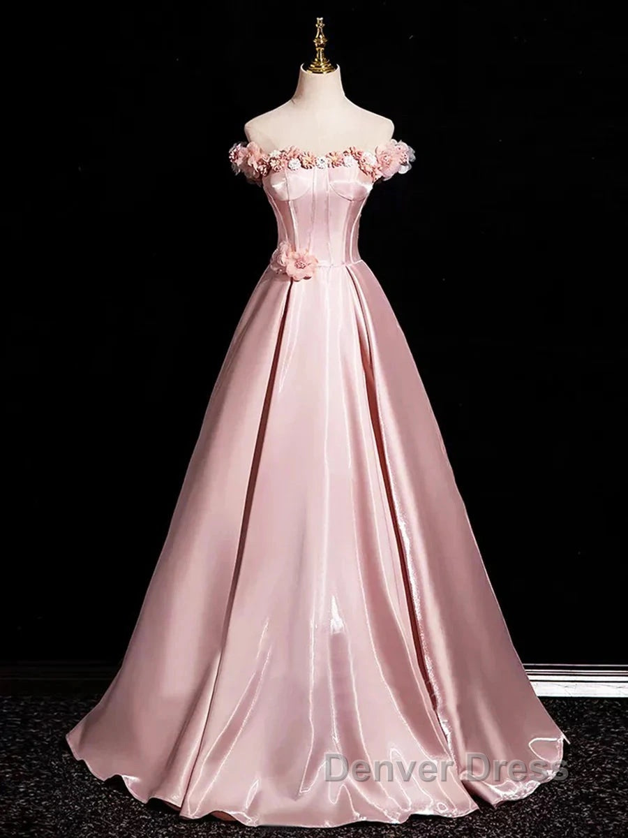 Pink A-Line Off Shoulder Satin Long Prom Dresses, Beautiful A-Line Off The Shoulder Party Dresses