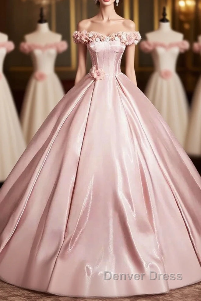 Pink A-Line Off Shoulder Satin Long Prom Dresses, Beautiful A-Line Off The Shoulder Party Dresses