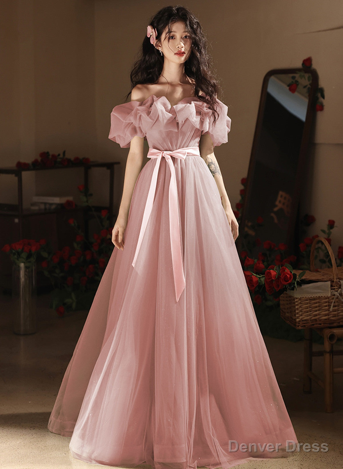 Pink A-line Off Shoulder Tulle Party Dress, Pink Tulle Prom Dress Secondary image