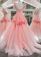 Pink A-Line Off The Shoulder Lace Tulle Long Prom Dresses, Sweet 16 Dresses
